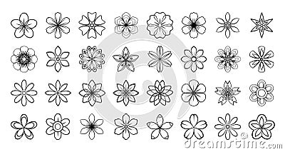 Simple abstract flowers icons set. Universal flowers black outline, line art Vector Illustration